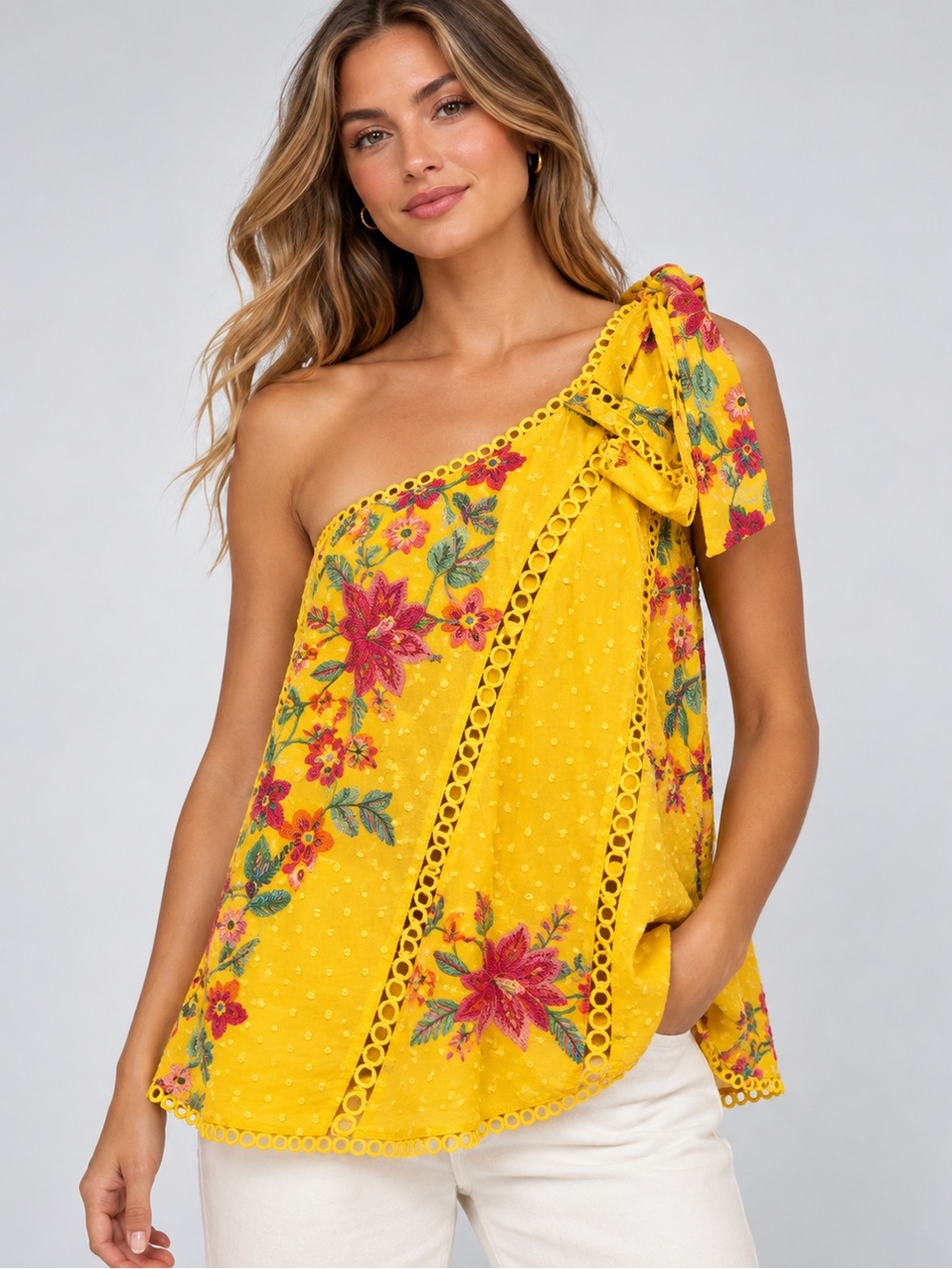 FARM Rio Flower Dream One Shoulder Embroidered Cotton Blouse Yellow L